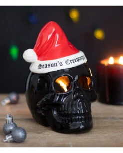 Schwarzer Totenschädel Mit Weihnachtsmütze Teelichthalter -Halloween Kostüme Rabatte schwarzer totenkopf mit nikolausmuetze black skull with santa hat gothic deko weihnachtsdeko 54280 05